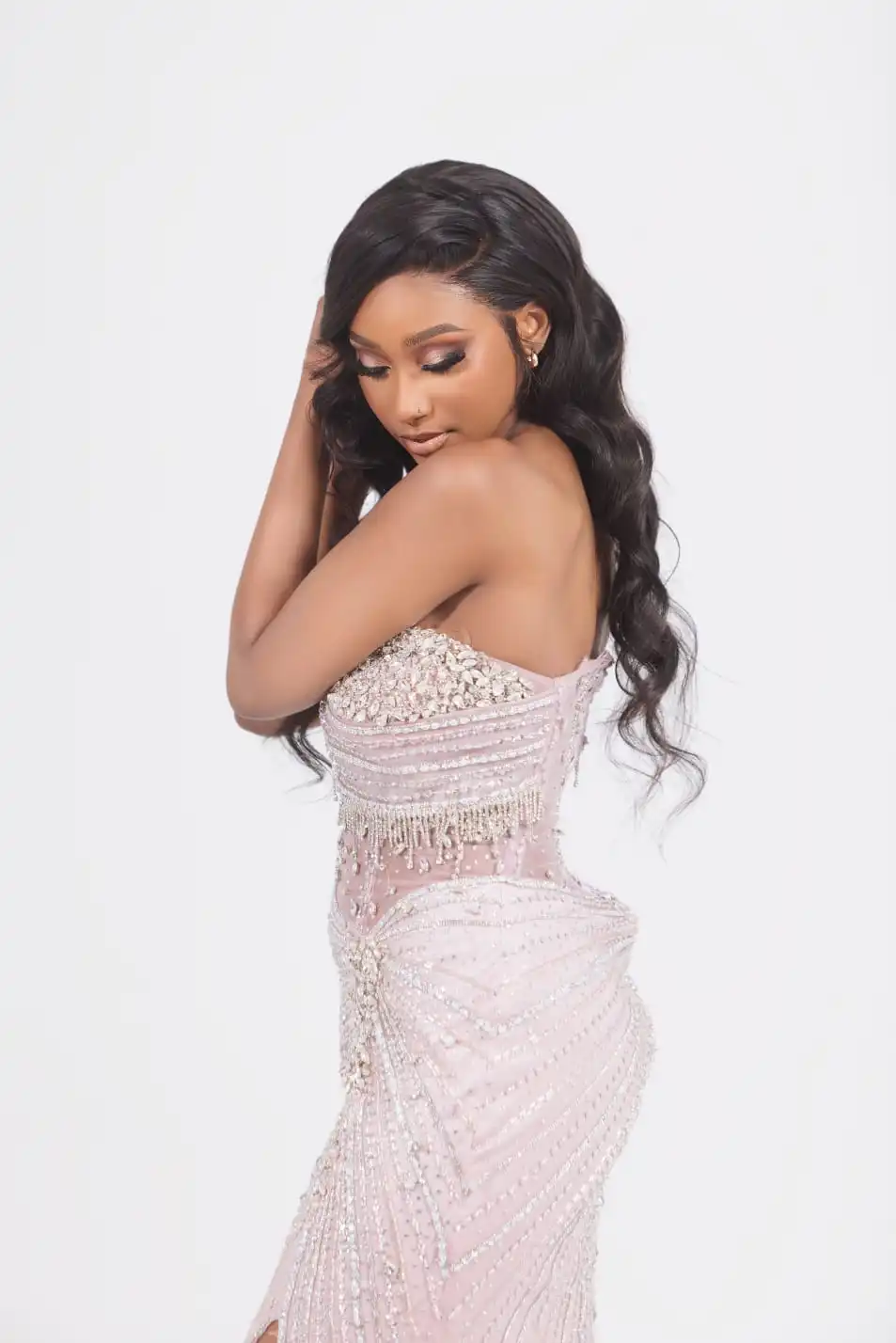 Long dress with stones available for hire at ShowUp Beauty & Studio, Benoni